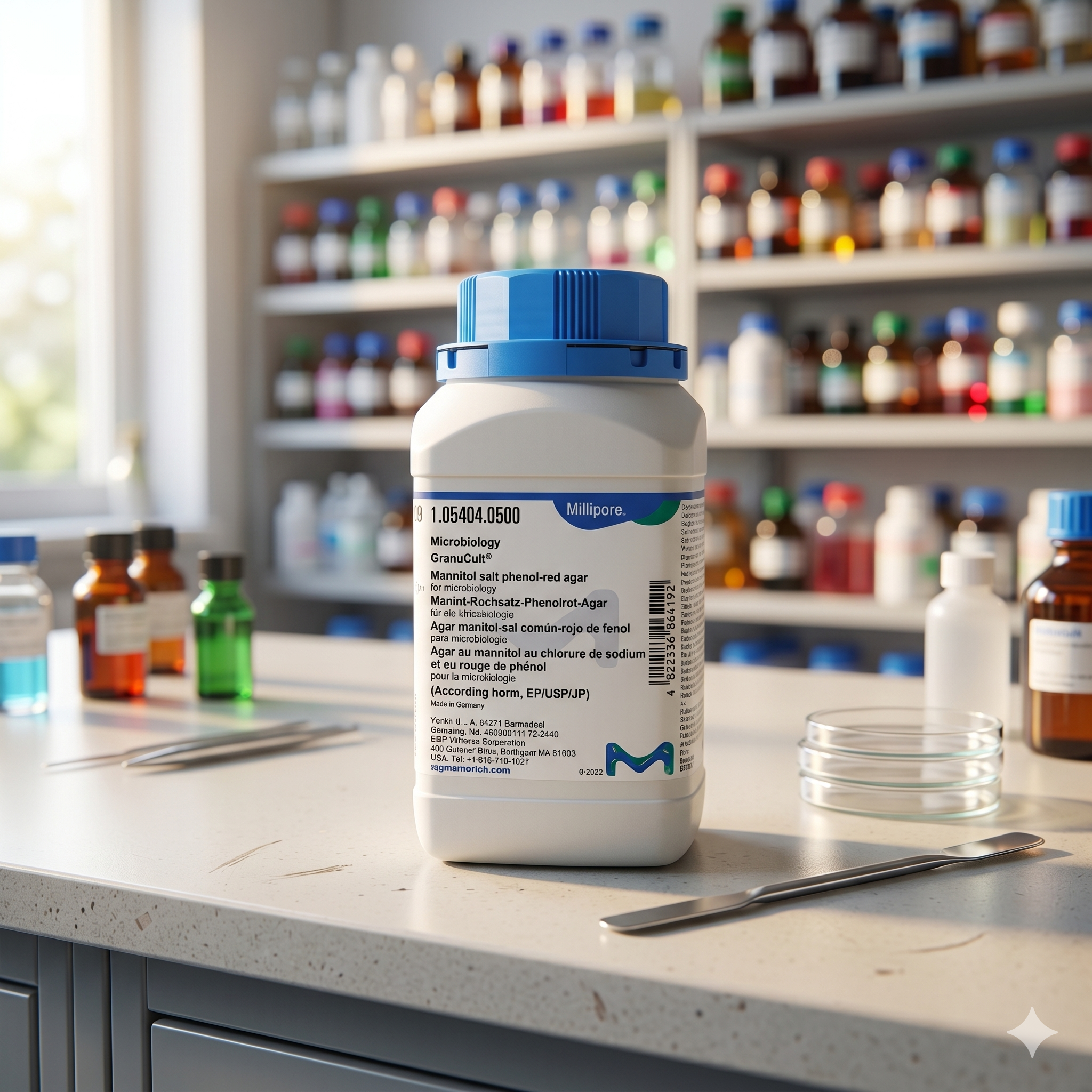 Mannitol Salt Phenol-Red Agar Granucult® Merck Millipore 105404 merupakan media mikrobiologi selektif untuk isolasi dan diferensiasi bakteri Staphylococcus, khususnya Staphylococcus aureus. Cocok digunakan untuk laboratorium mikrobiologi, QC pangan dan farmasi, penelitian, pendidikan, serta aplikasi industri.