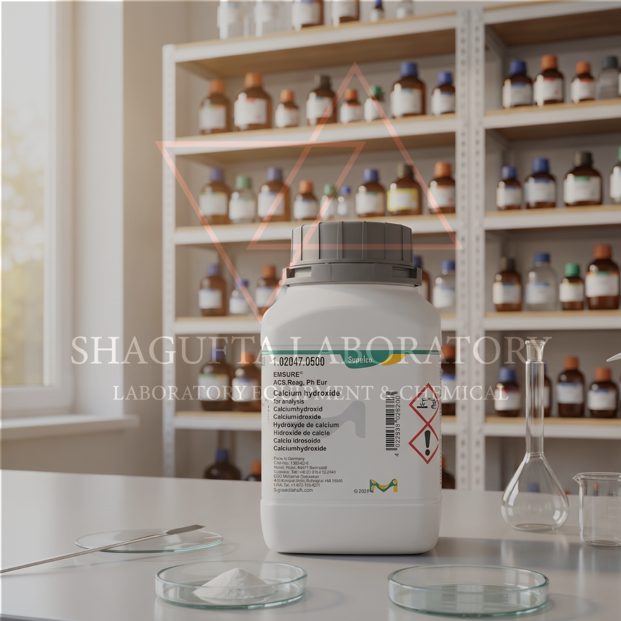 SHAGUFTA LABORATORY Calcium Hydroxide 500 g Katalog 102047 EMSURE® ACS Reag. Ph. Eur. – Kalsium Hidroksida / Calcium Hydroxide / Hydrated Lime / Slaked Lime / Ca(OH)₂